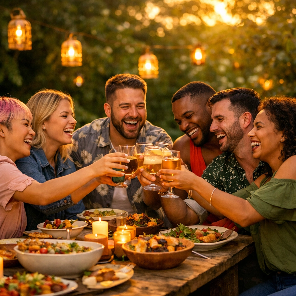 A diverse group of LGBTQ+ friends sharing a meal at a garden party, illustrating the joy of queer chosen family.