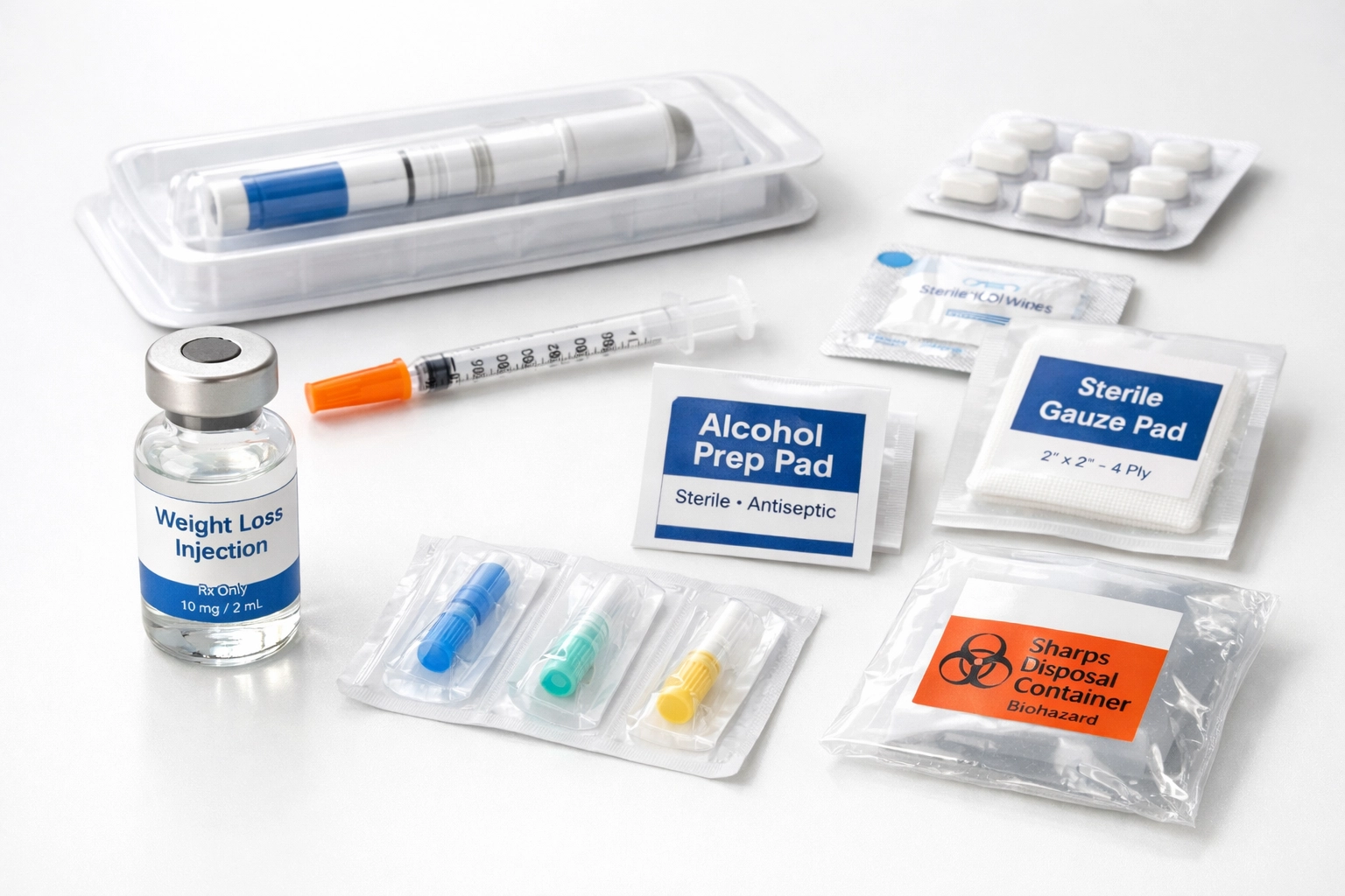A complete medical weight loss kit featuring a prescription vial and supplies for compounded medication at home.