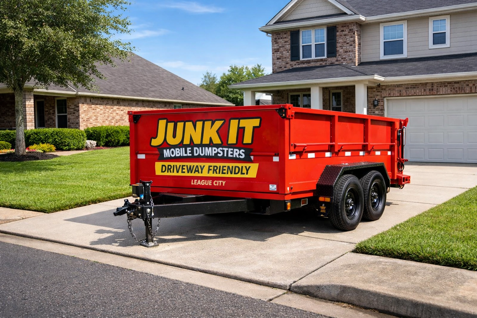 Compact red Junk It Mobile Dumpster trailer parked on a League City driveway, fitting perfectly in a single parking space.