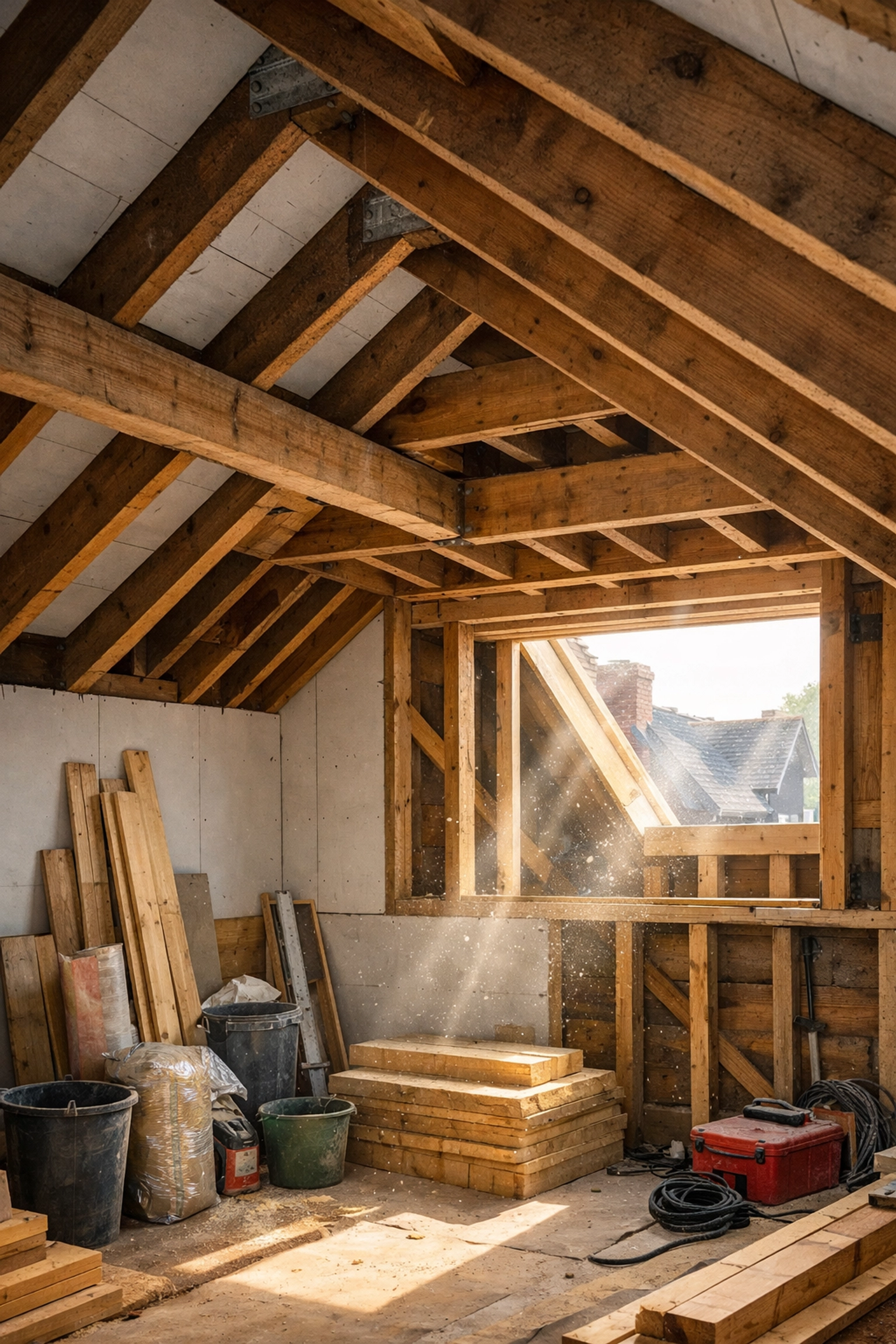 Structural beams and timber framework during dormer loft conversion construction