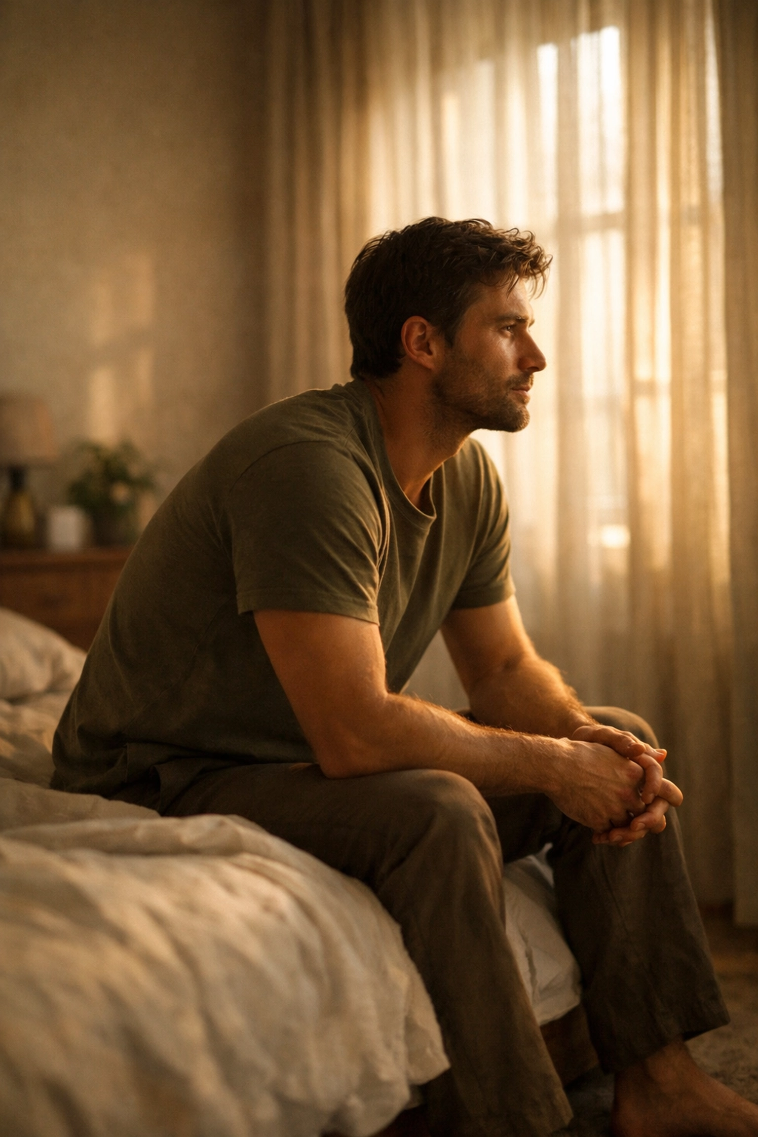 Elmélkedő férfi az ágyon, a korai magömlés kezelése és a belső egyensúly keresése közben.