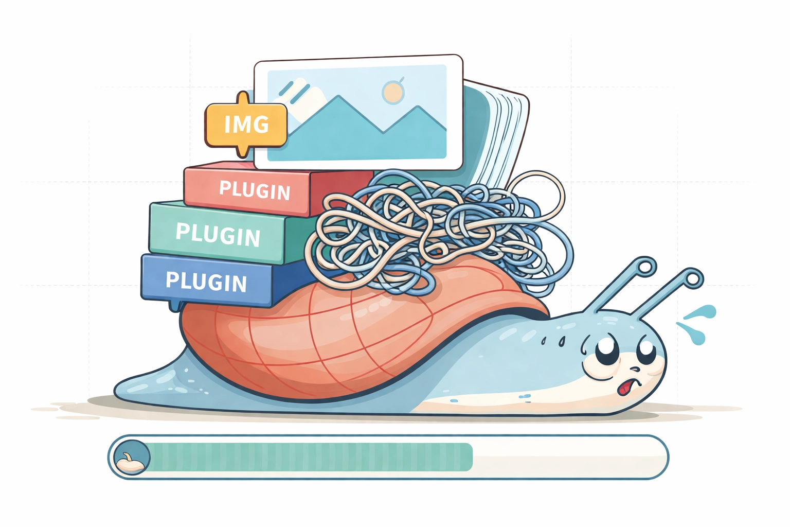 Illustration d'un escargot transportant des fichiers volumineux et du code, symbolisant un site web ralenti par de mauvaises optimisations