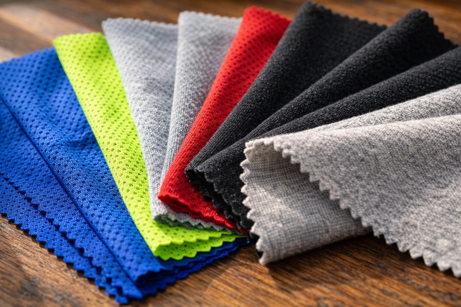 Athletic fabric swatches showing moisture-wicking and cotton blend materials for team apparel