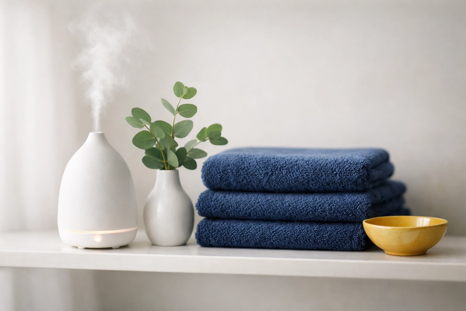 Aromatic essential oil diffuser and clean navy towels in a fresh, deodorized bathroom.