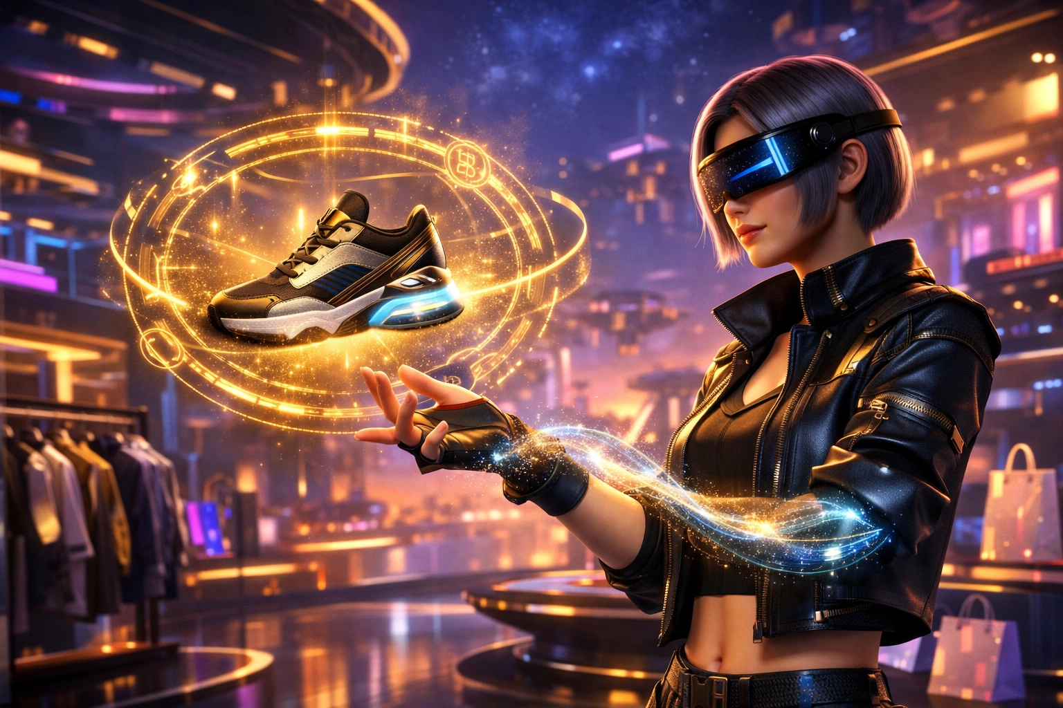 Avatar using gesture-based crypto payments for digital shopping in a futuristic metaverse boutique.