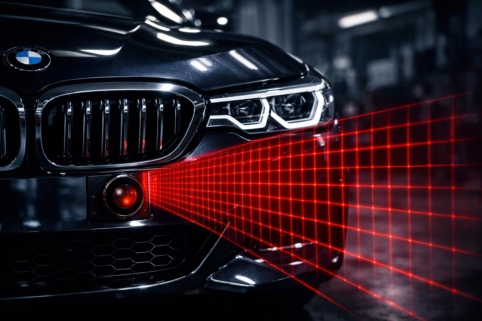 BMW front radar sensor being calibrated for ADAS safety systems and precision obstacle detection.