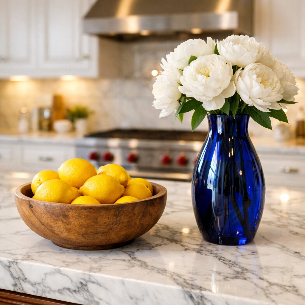 Spotless luxury kitchen island representing eco-friendly weekly house cleaning in Shrewsbury for healthy homes.