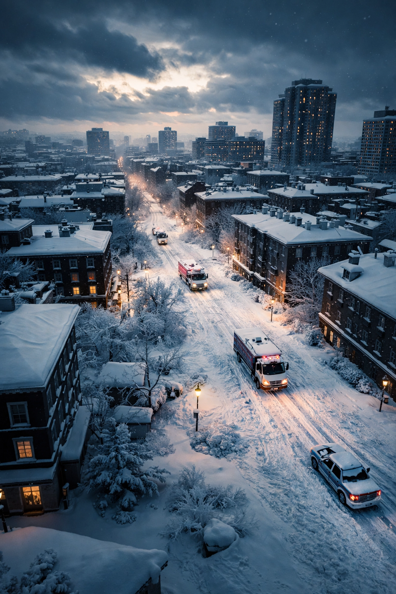 Aerial view of a snow-covered city at dawn with emergency vehicles, illustrating severe weather business disruption resilience.