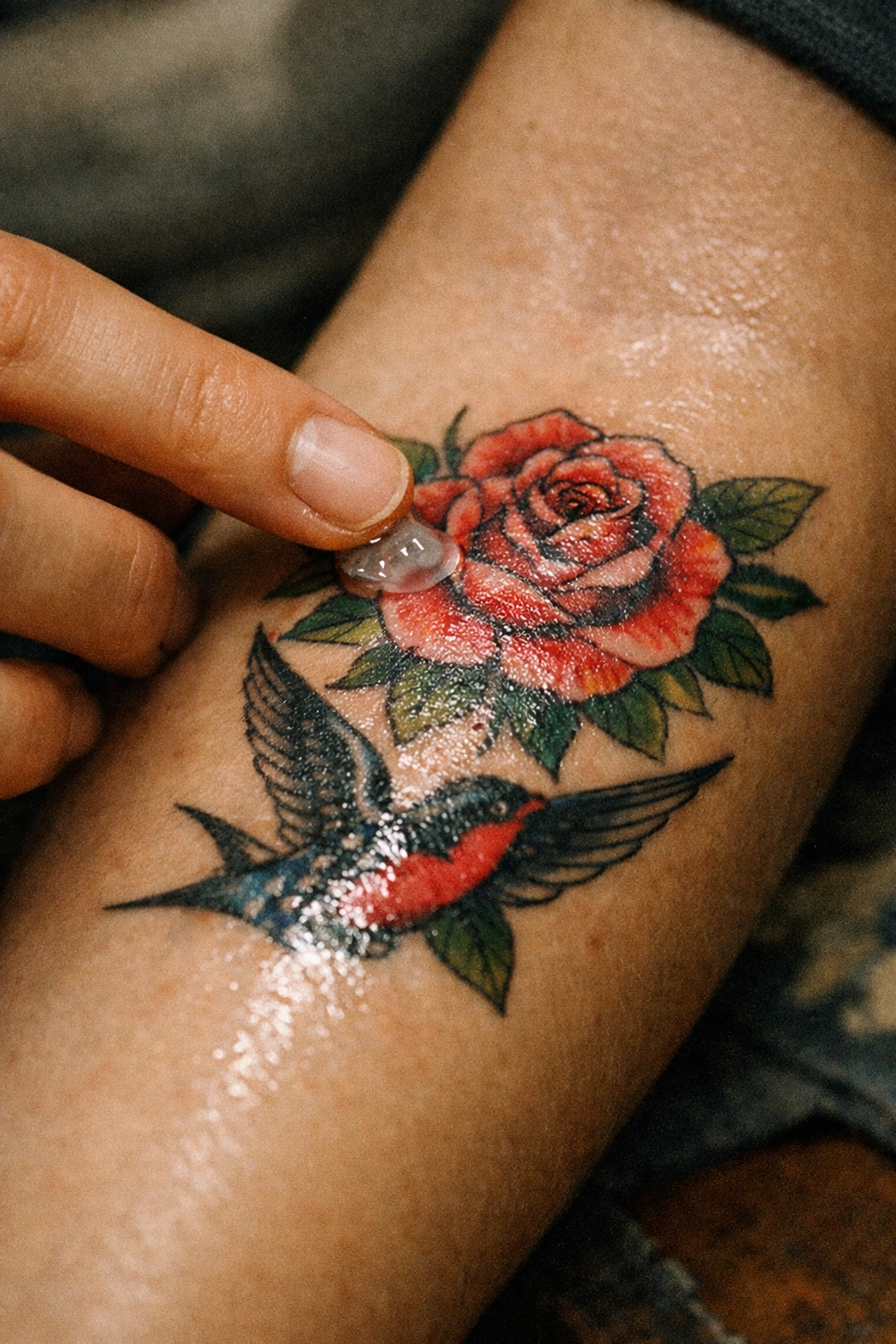 Applying a thin layer of aftercare ointment to a new custom tattoo on a forearm.
