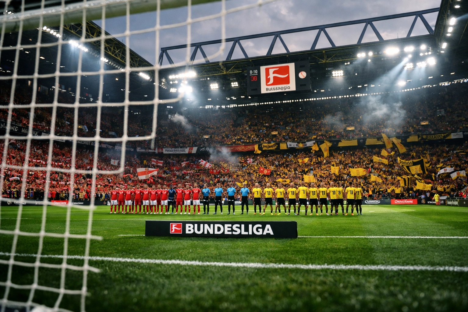 Packed Bundesliga stadium atmosphere on German football match day