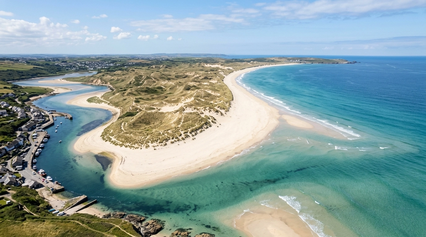 Aerial view of Hayle Towans beach in Cornwall with white sand and turquoise water