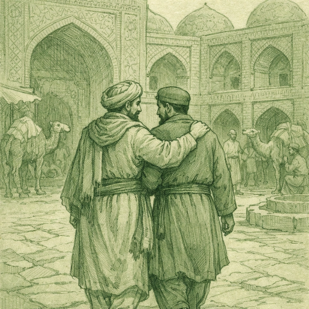 Gay historical romance depicting two men in Silk Road caravanserai courtyard