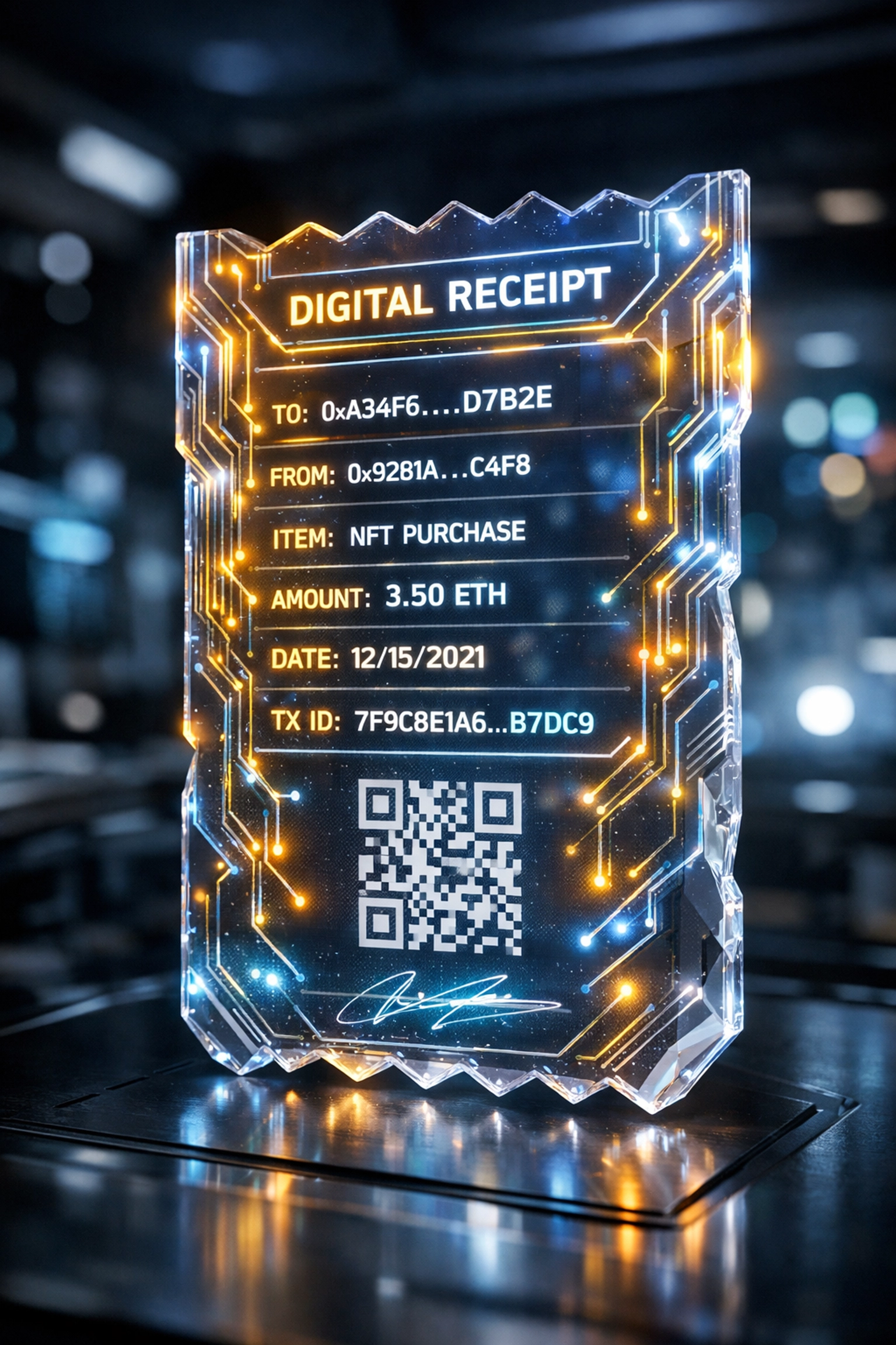 A glowing holographic NFT receipt representing a secure blockchain verified proof of purchase for Web3 payments.