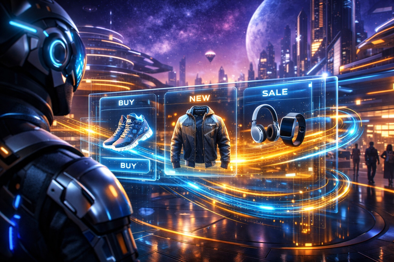 Digital products in a futuristic metaverse store with AI-driven payment processing and holographic displays.