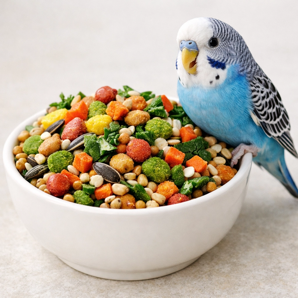 Blue Budgie eating a healthy mix of premium bird pellets and fresh vegetables for nutrition.