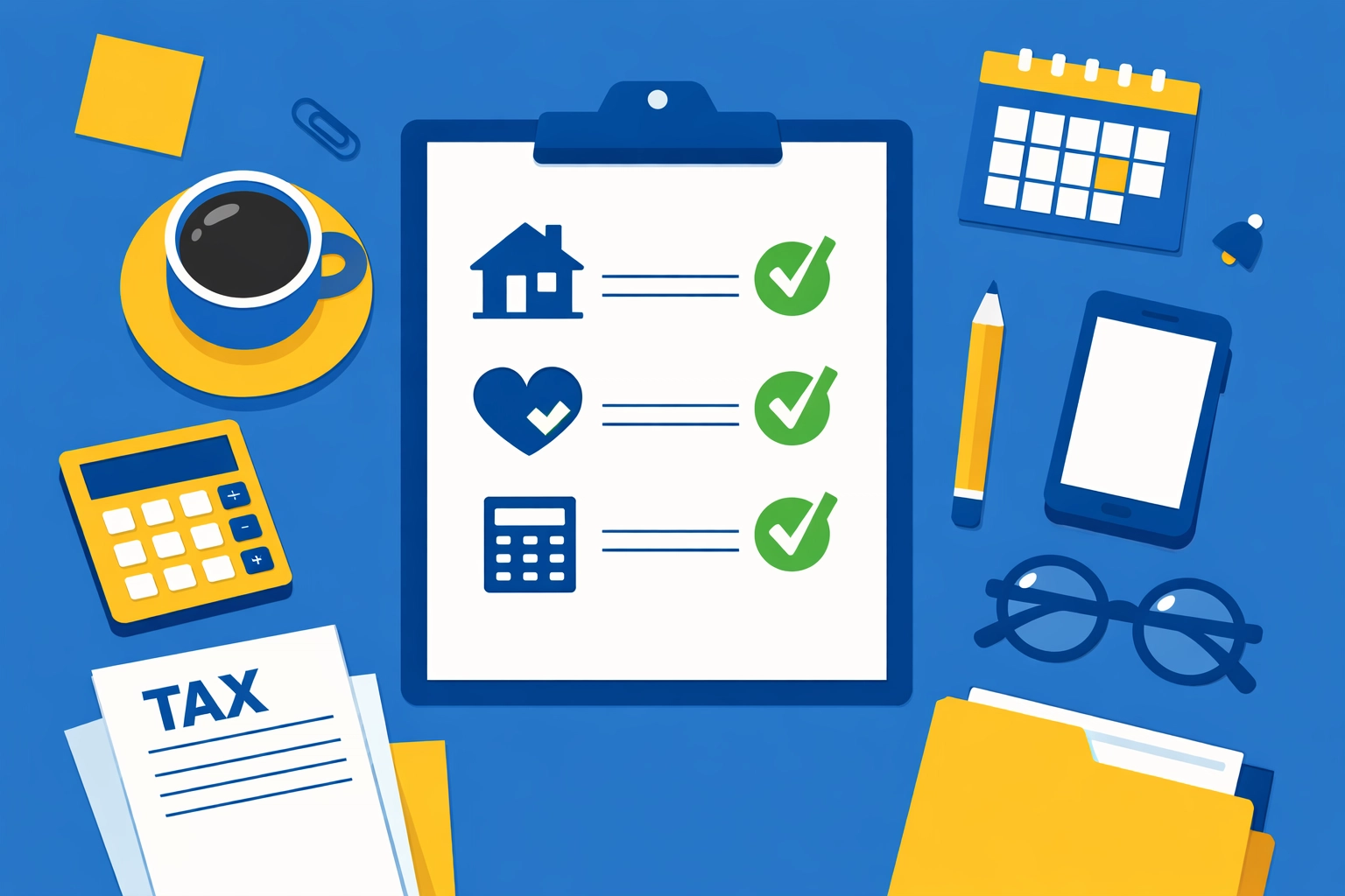 Tax planning checklist with house and charity icons to help homeowners maximize their 2026 tax refund.