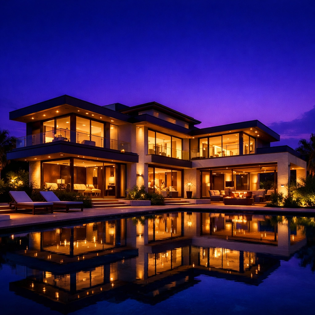 Luxury villa exterior with warm architectural lighting and a pool during a twilight real estate photo shoot.