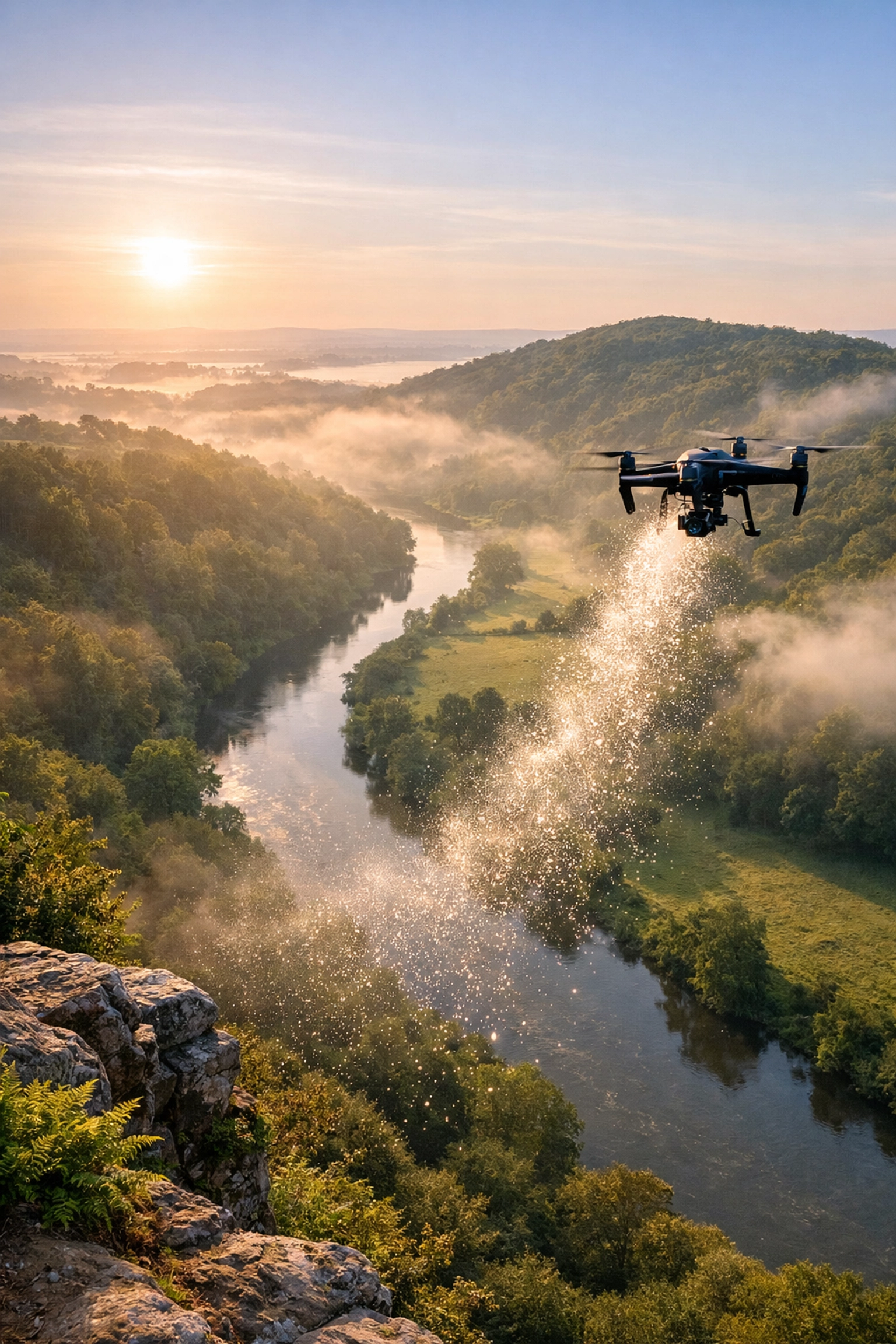 Scenic cremation ashes scattering by drone over the River Wye at sunrise for a peaceful UK memorial.