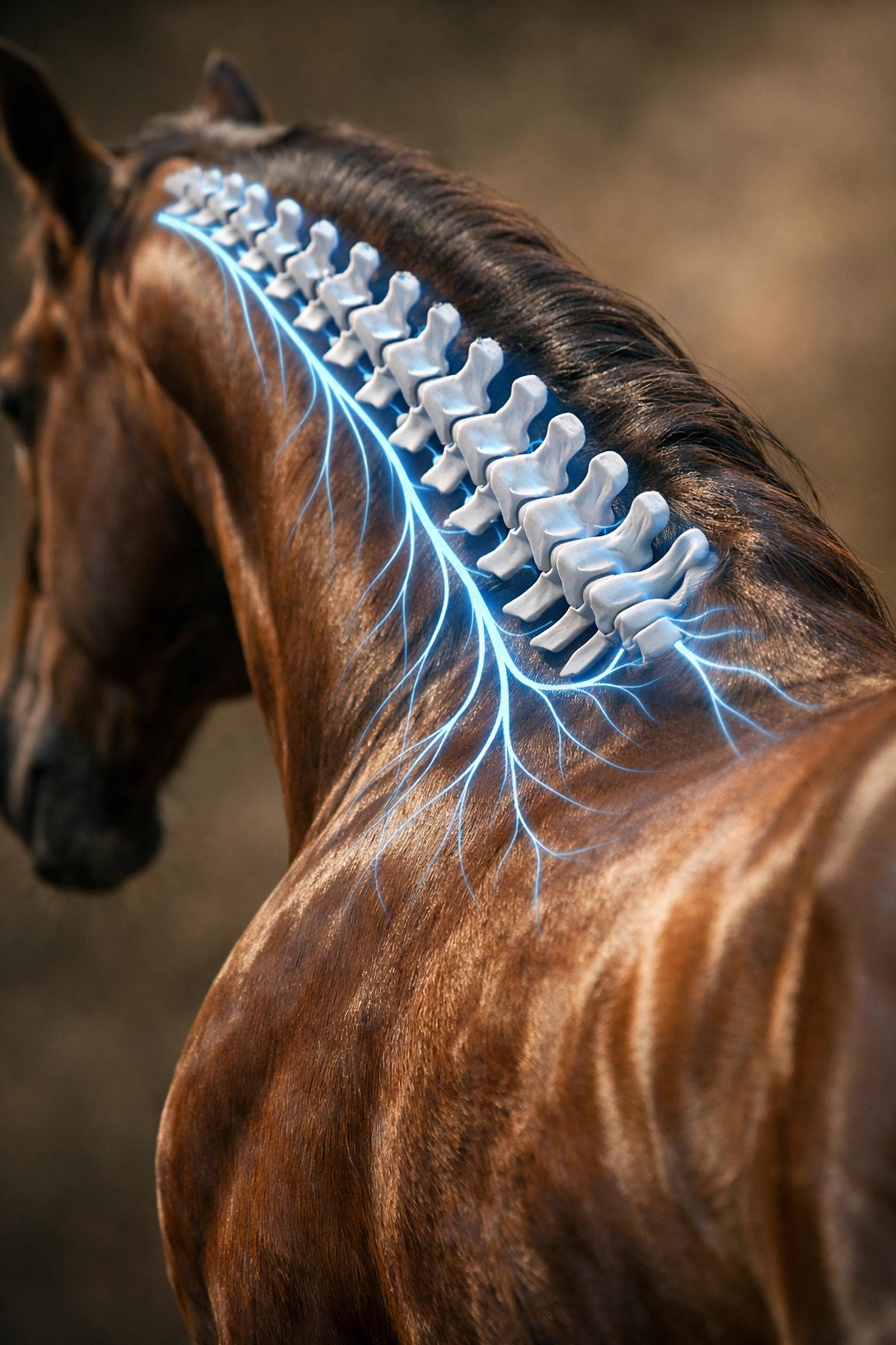 Horse spine anatomy showing nervous system pathways during chiropractic evaluation