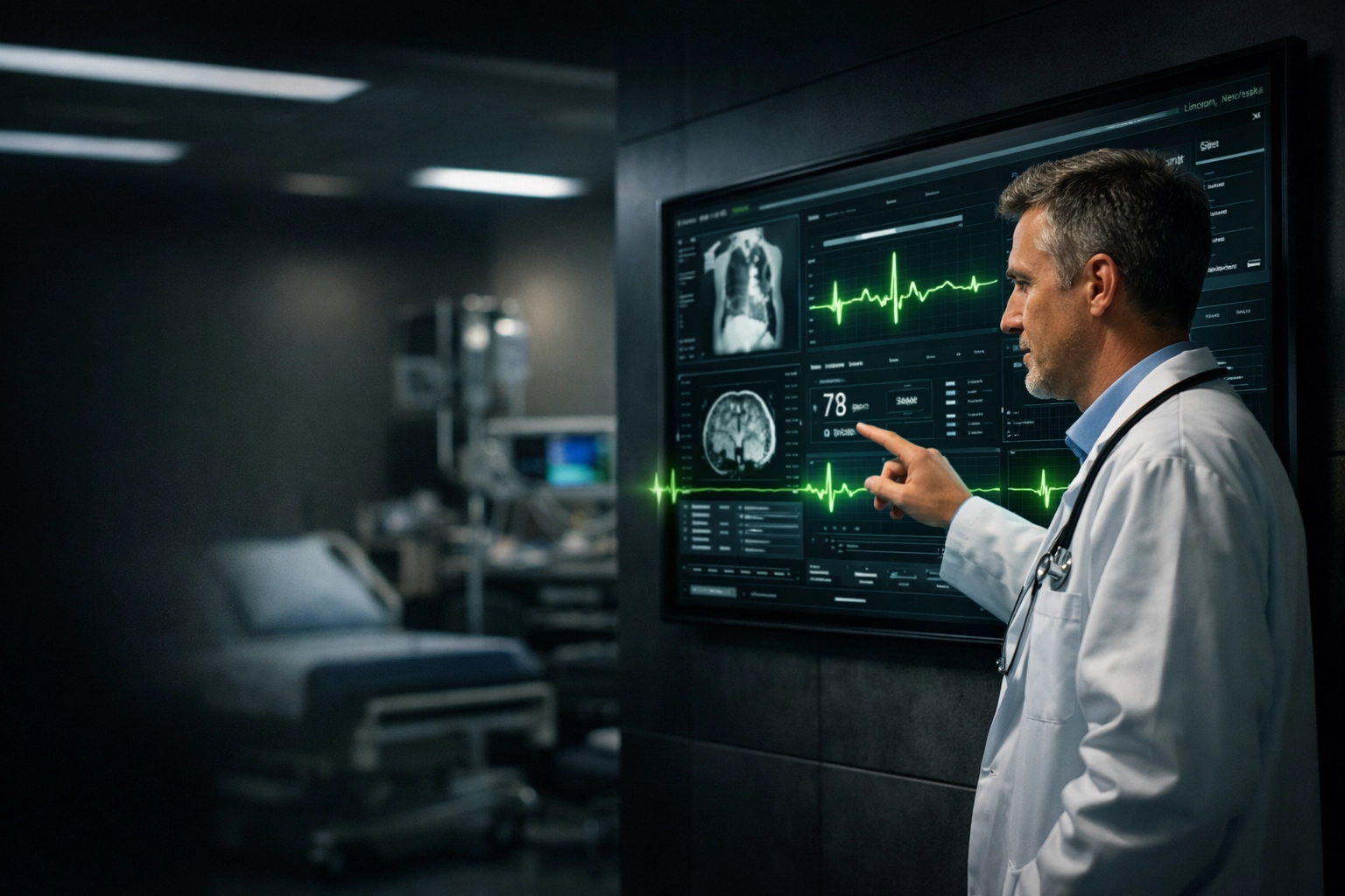 Medical professional in a Lincoln Nebraska clinic viewing diagnostic data via secure cybersecurity services.