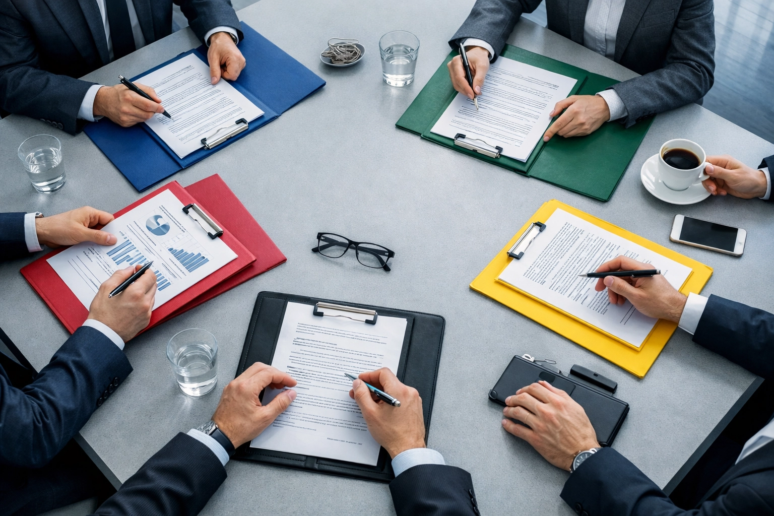 Multiple buyers reviewing business documents during competitive negotiation process