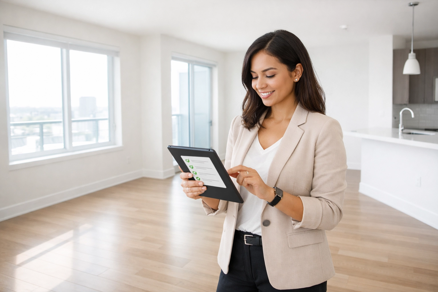 Property manager reviewing apartment turnover checklist in vacant unit ready for new tenant