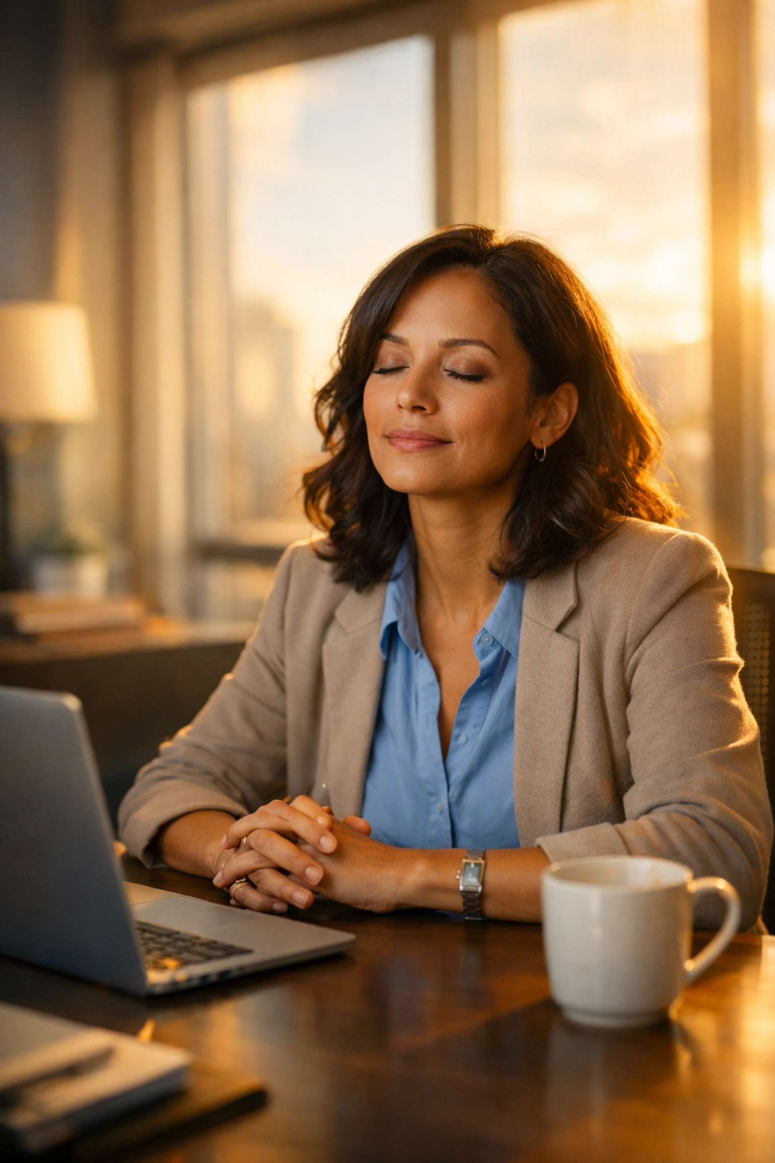 Professional woman praying at office desk finding peace through God during workplace stress