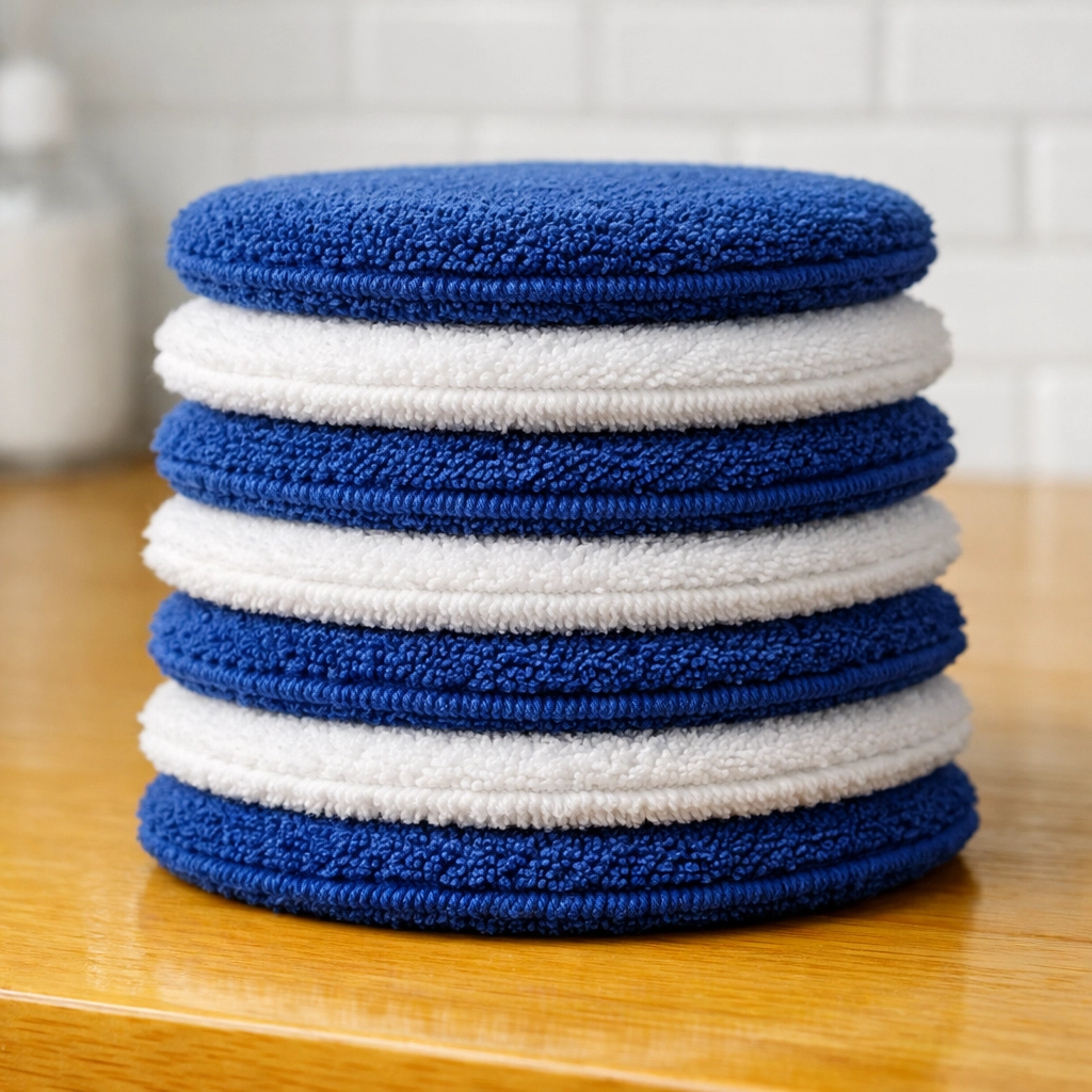 Reusable blue and white microfiber mop pads for eco-friendly home cleaning.