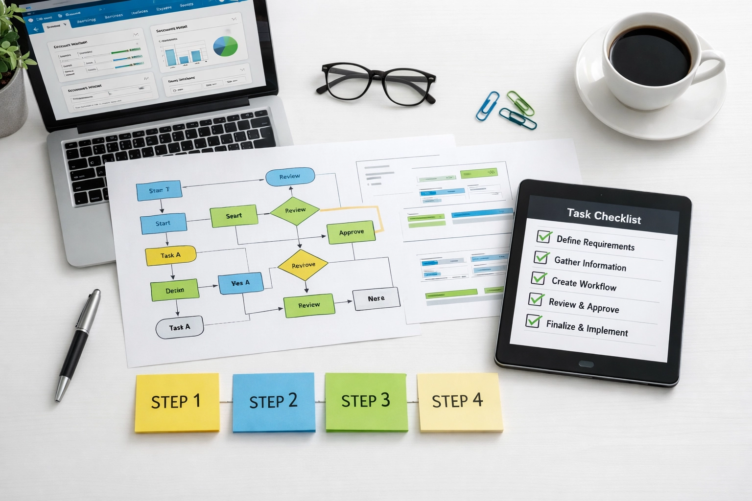 Organized accounting workflow documentation with process flowcharts and cloud software for firms