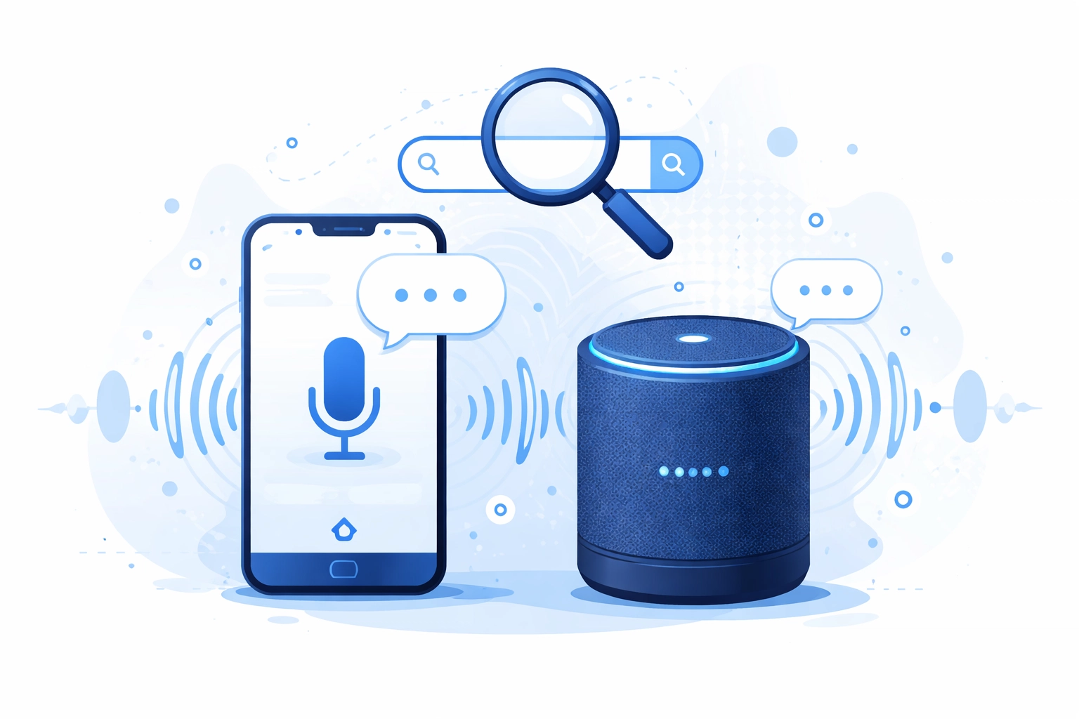 Smartphone and smart speaker showing mobile-first and voice search optimization for modern SEO success
