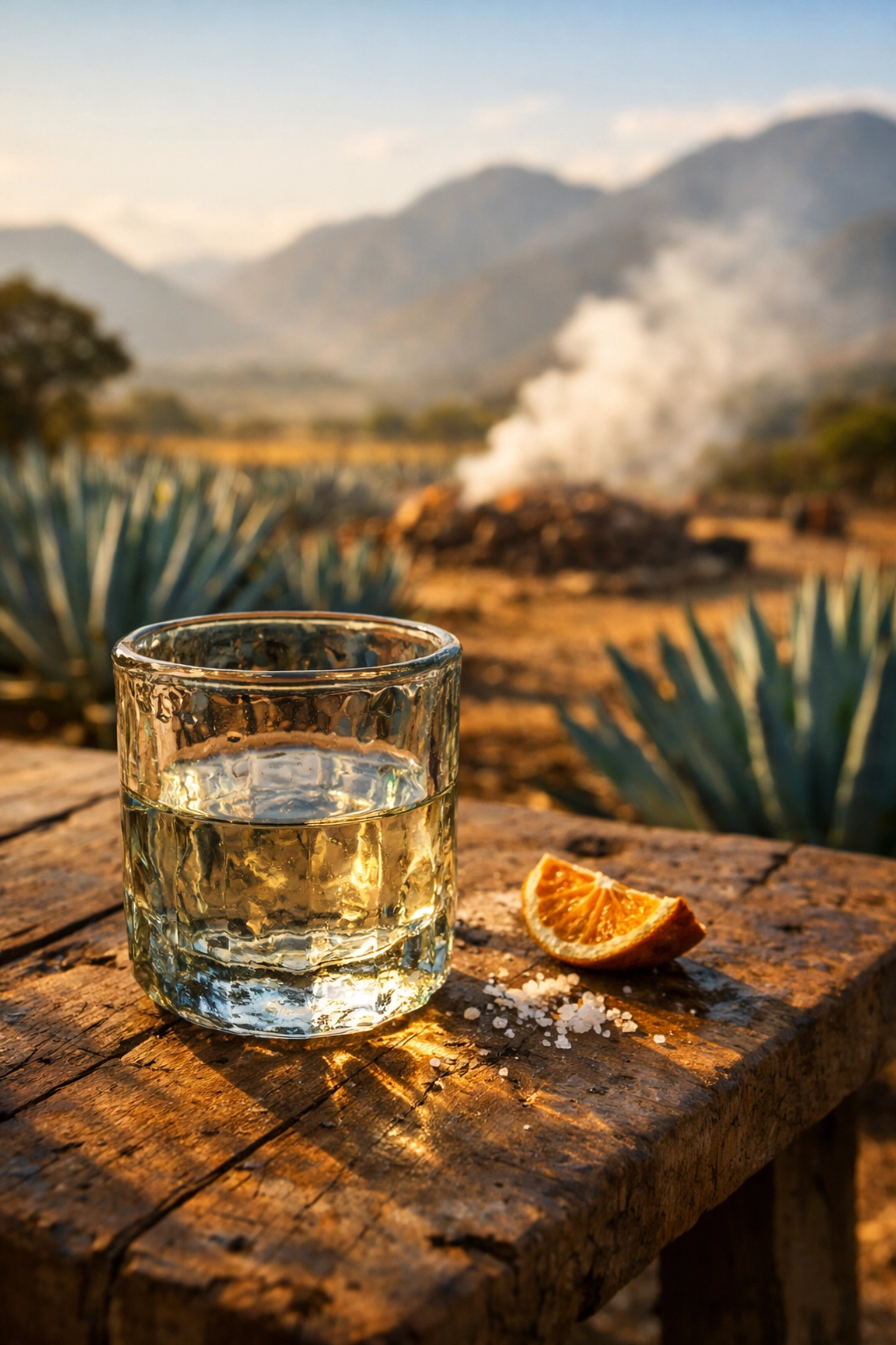 A glass of artisanal mezcal on a rustic table in a sun-drenched Oaxacan agave field with mountain views.