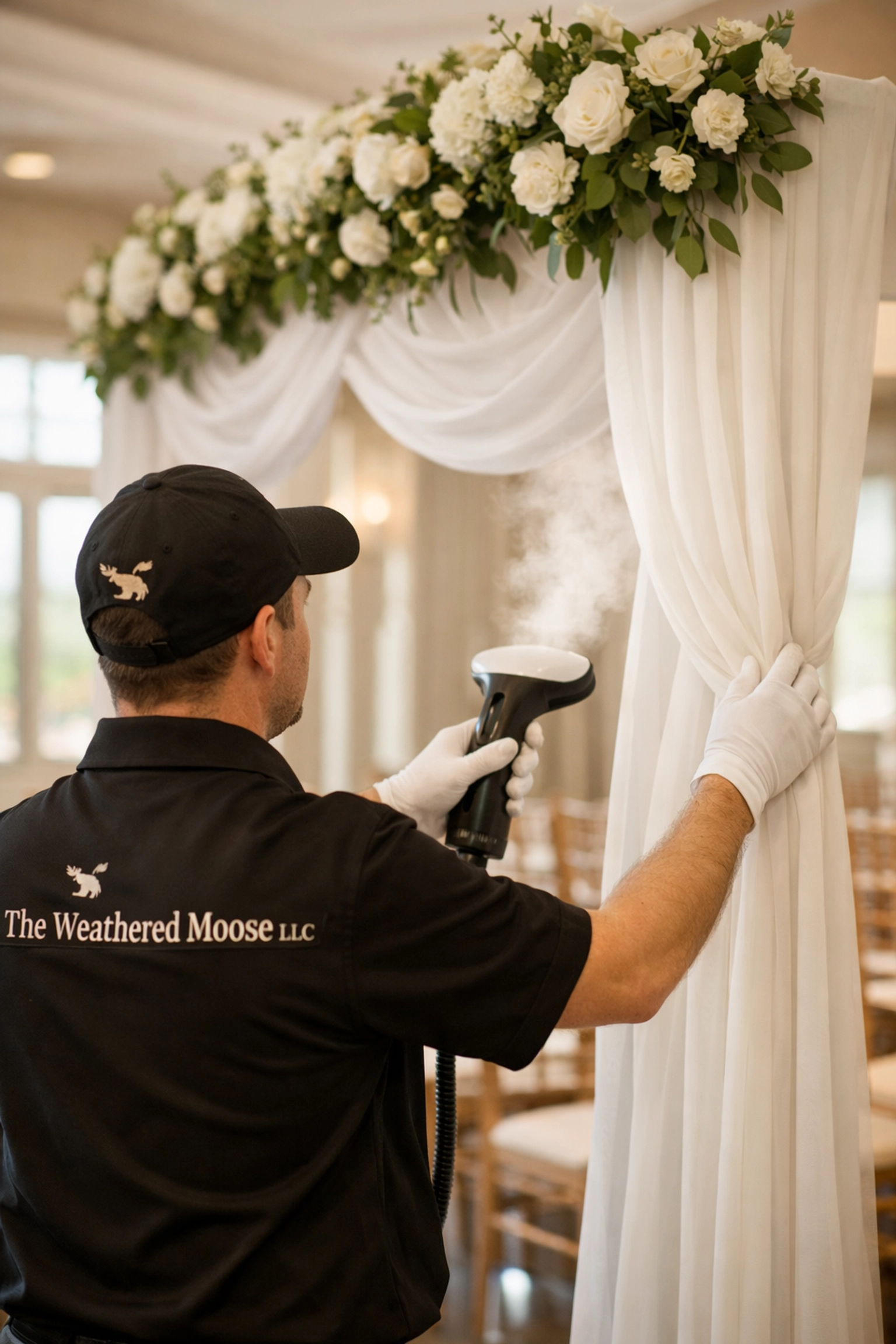 White-glove wedding arch rental setup by The Weathered Moose LLC in a Fort Wayne venue.