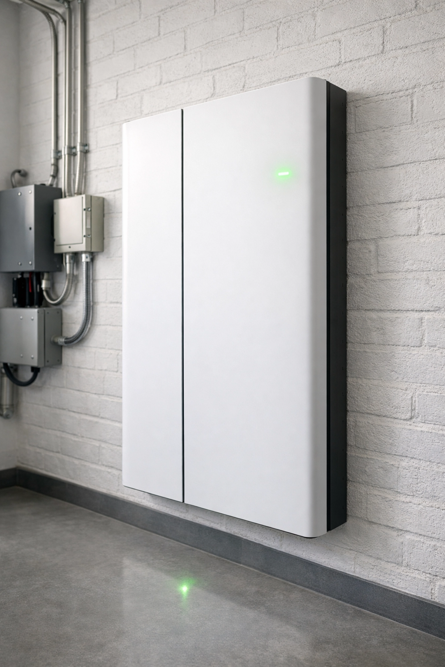 Modern commercial battery storage system mounted on a wall to help businesses lower energy bills.