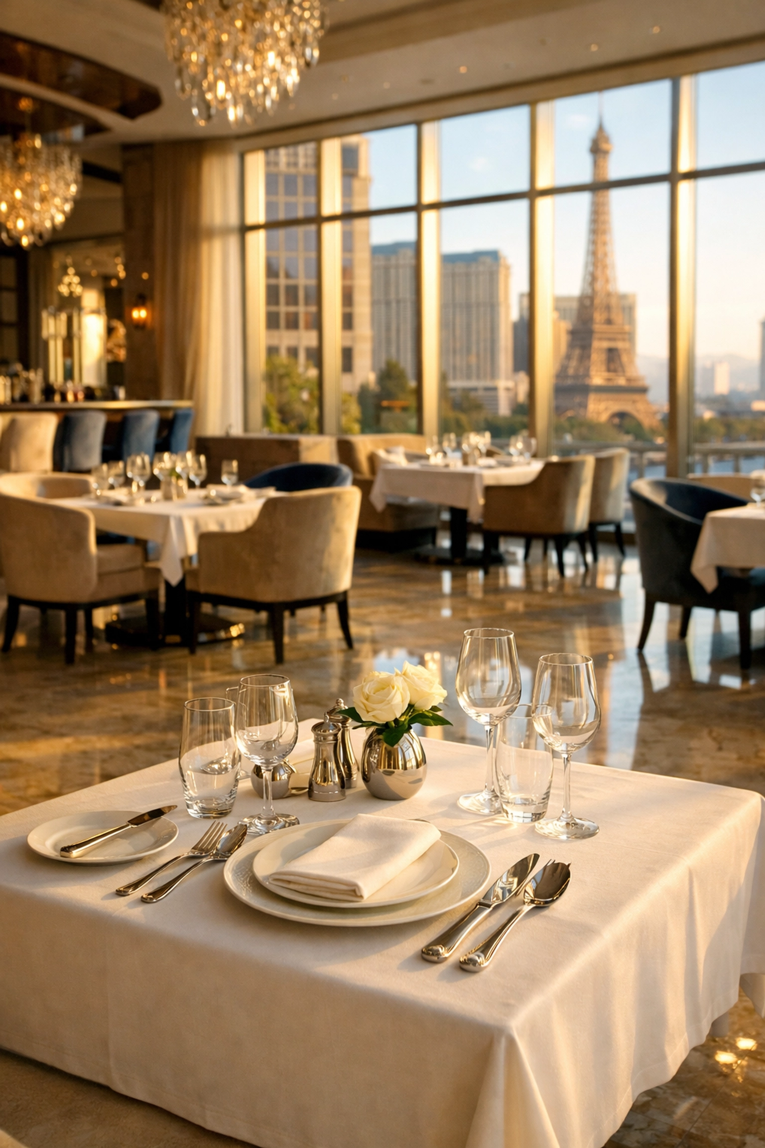 Elegant Las Vegas fine dining restaurant interior with white tablecloth and marble floors.