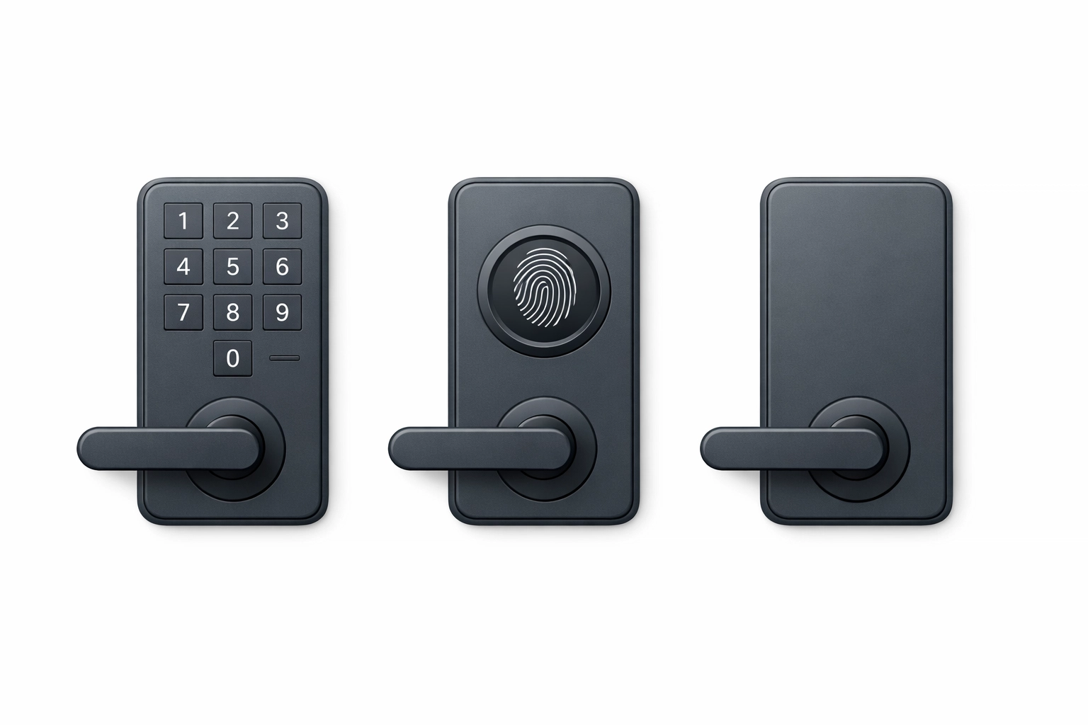 Selection of smart lock models including biometric and numeric keypad hardware options.