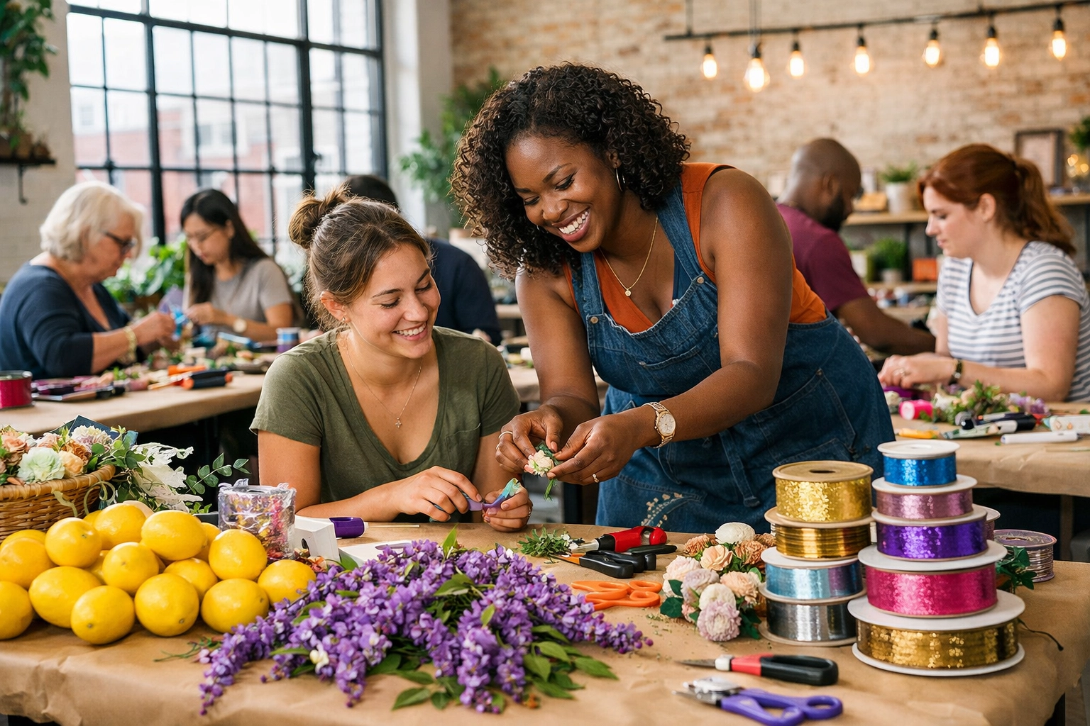 A mobile wreath-making workshop in a DC loft featuring an instructor helping creative group participants.