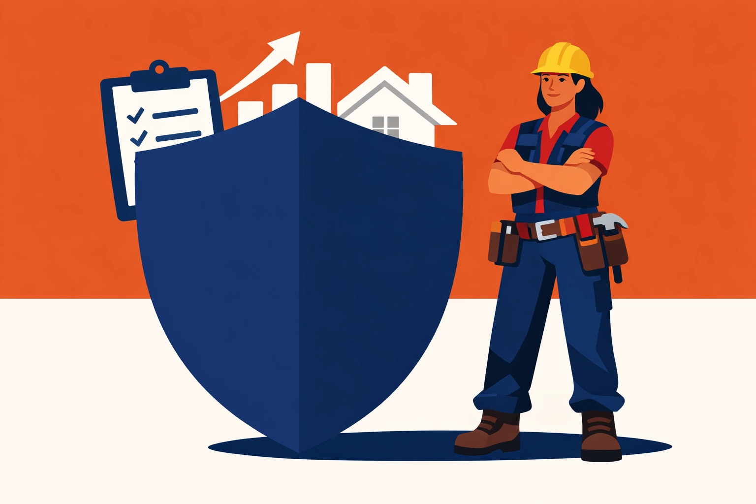 Contractor standing behind a protective shield to represent secure business data management for trades.