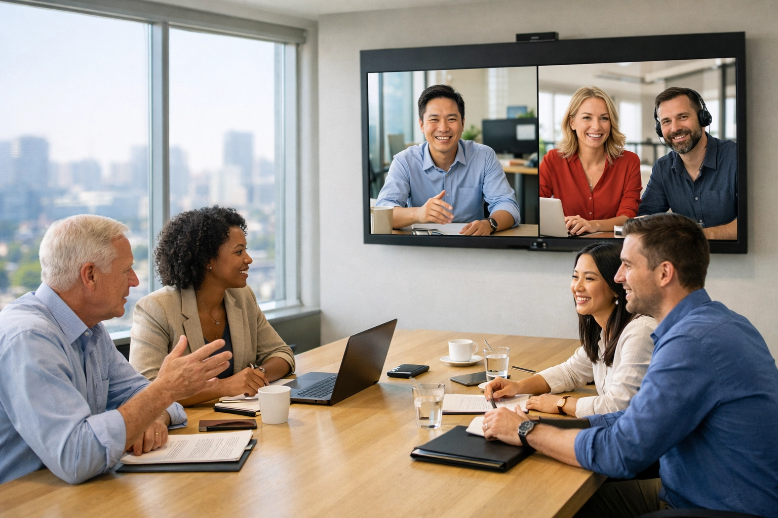Business professionals discussing global ServiceNow compliance and ROI strategy in a boardroom.
