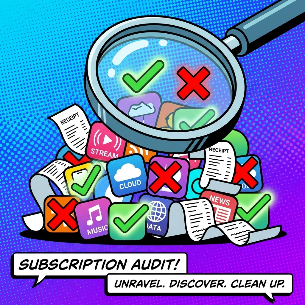 Magnifying glass inspecting messy pile of unused software subscriptions and licenses, revealing IT cost waste