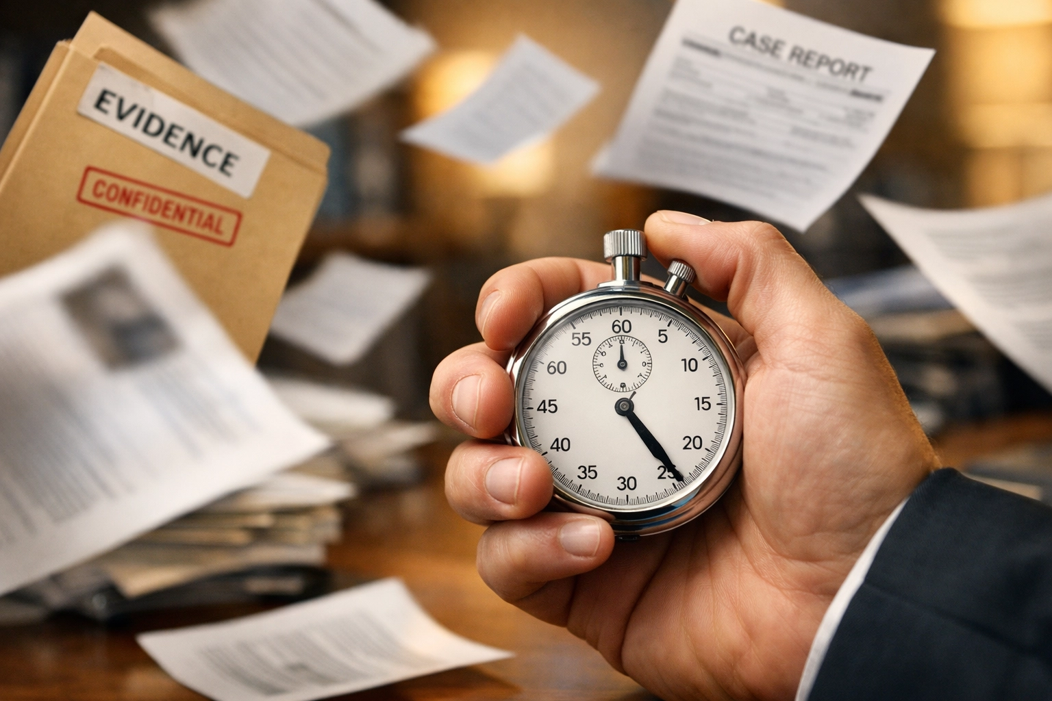 Stopwatch with flying documents showing pressure to rush workplace investigations