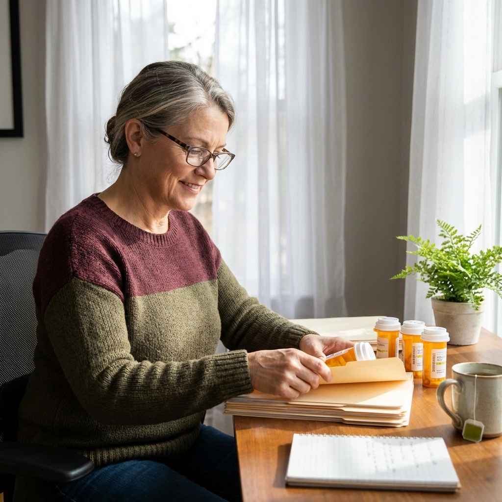 Mature woman organizing medical documents in home office, showing preparation for life insurance application.