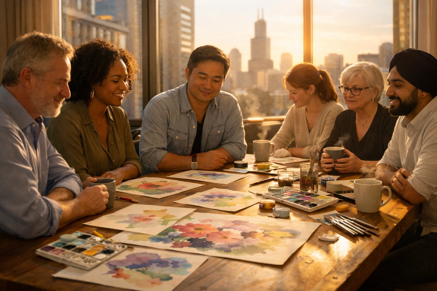 Diverse corporate team in a Chicago office stepping away from work for a creative watercolor workshop.