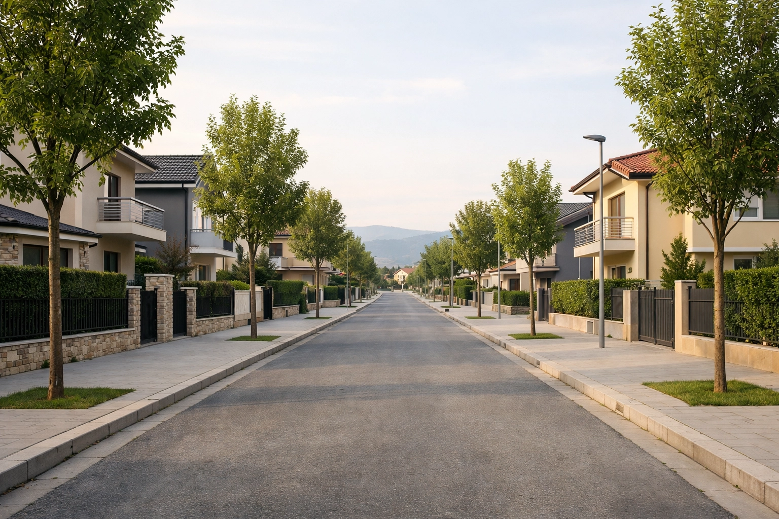 A quiet, tree-lined residential street in a safe and welcoming Macedonia, Ohio neighborhood.