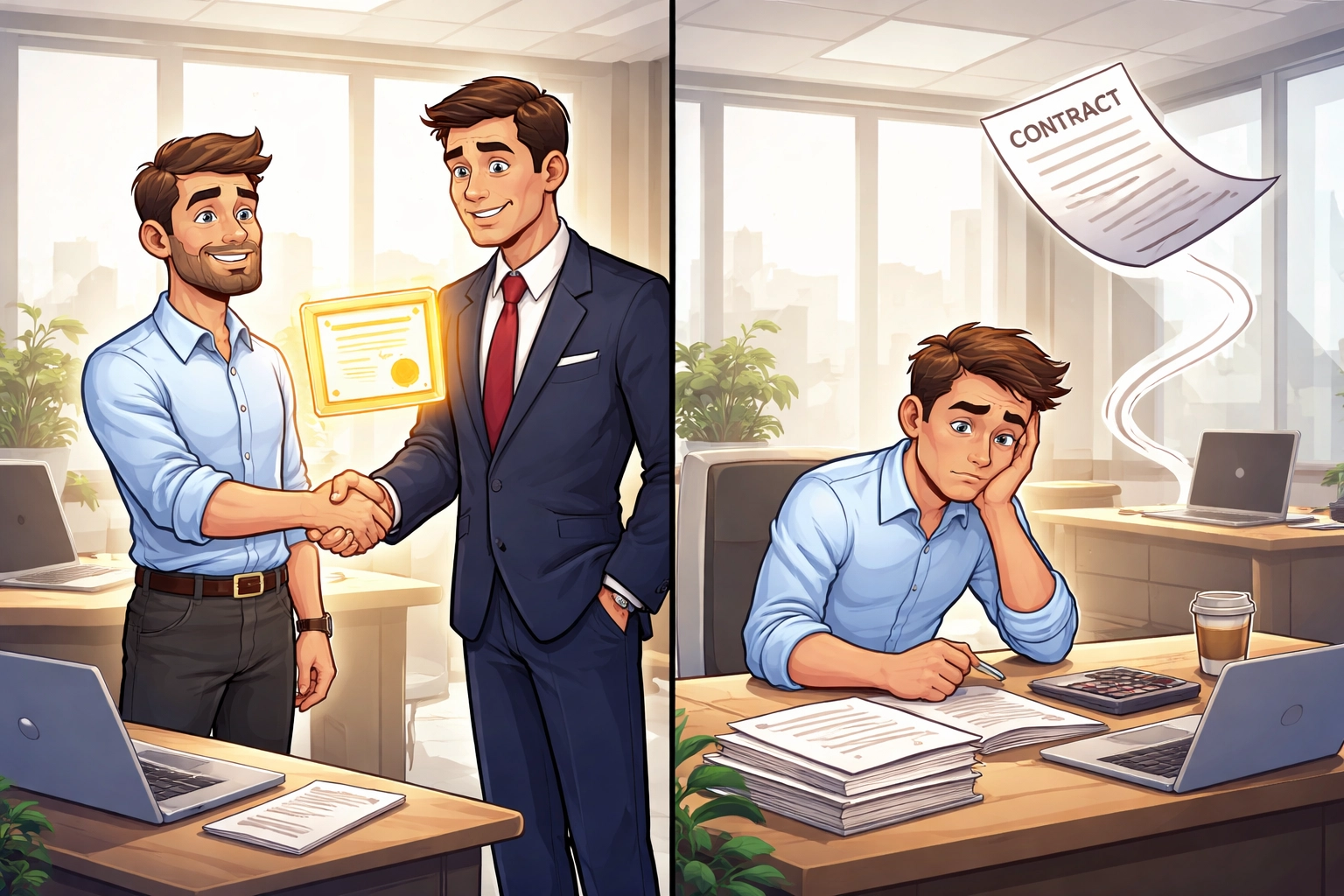 Contrasting small business success and missed opportunities with ISO 27001 certification handshake and lost contract