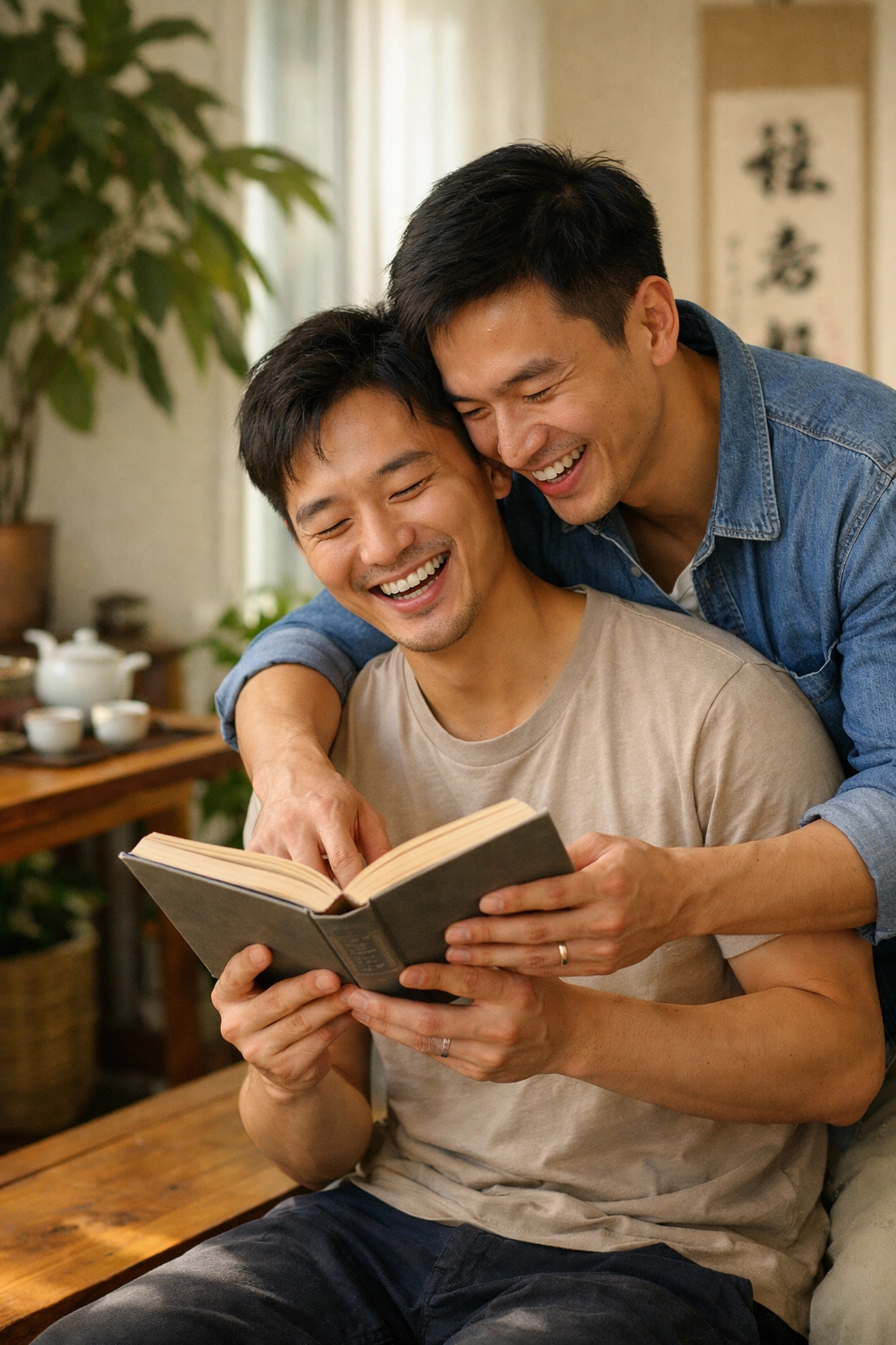Intimate gay Asian couple sharing a book, highlighting diverse Gaysian protagonists in MM romance books.