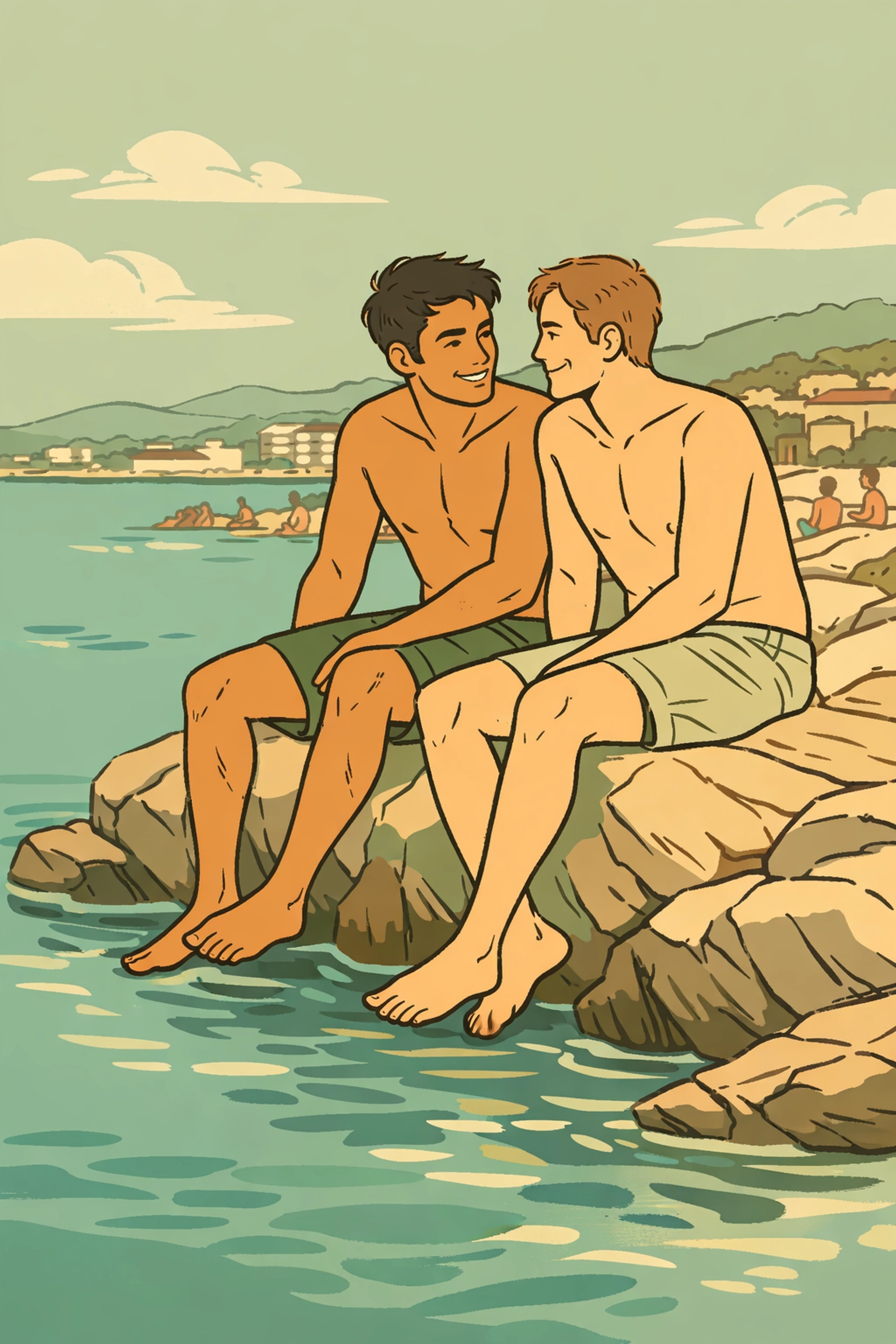 Two men connecting on sun-warmed rocks at Coco Beach Nice gay-friendly beach French Riviera