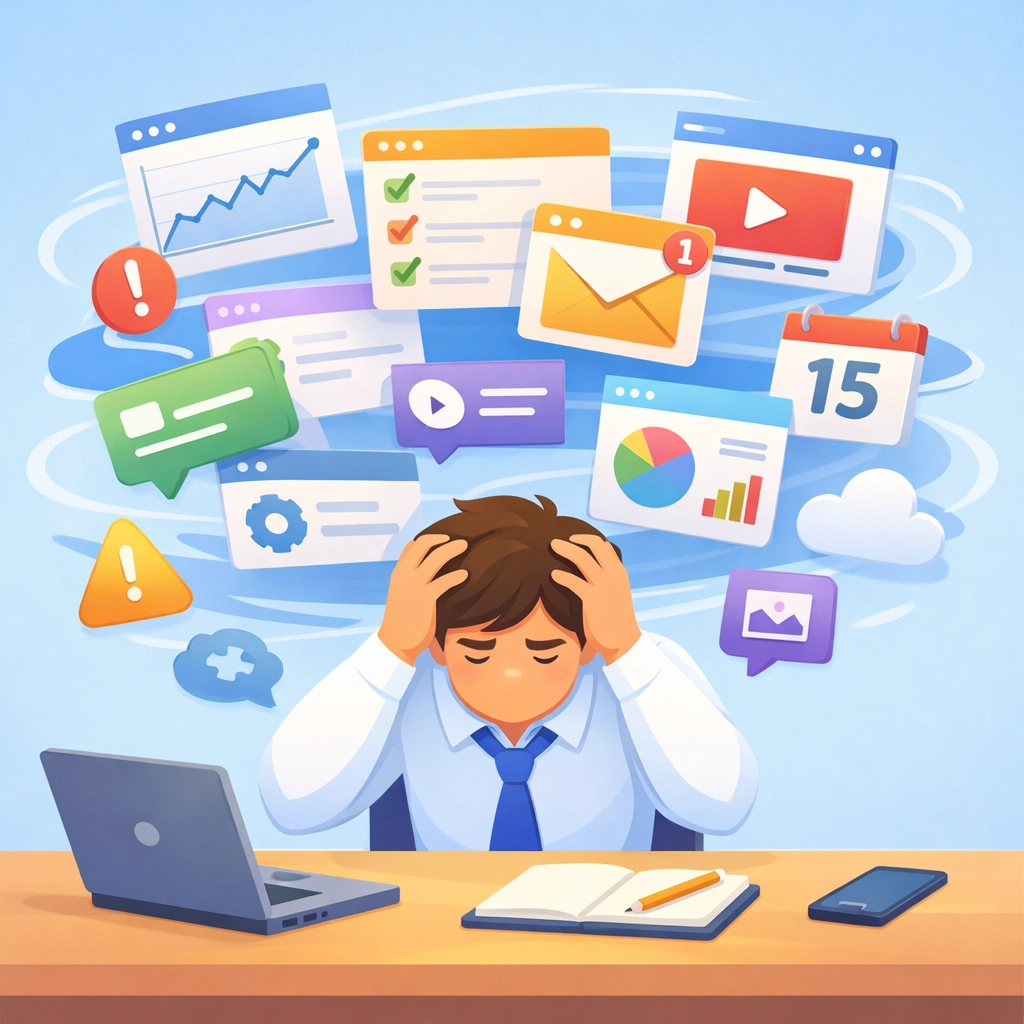 Business owner overwhelmed by multiple software tools and disconnected business management systems