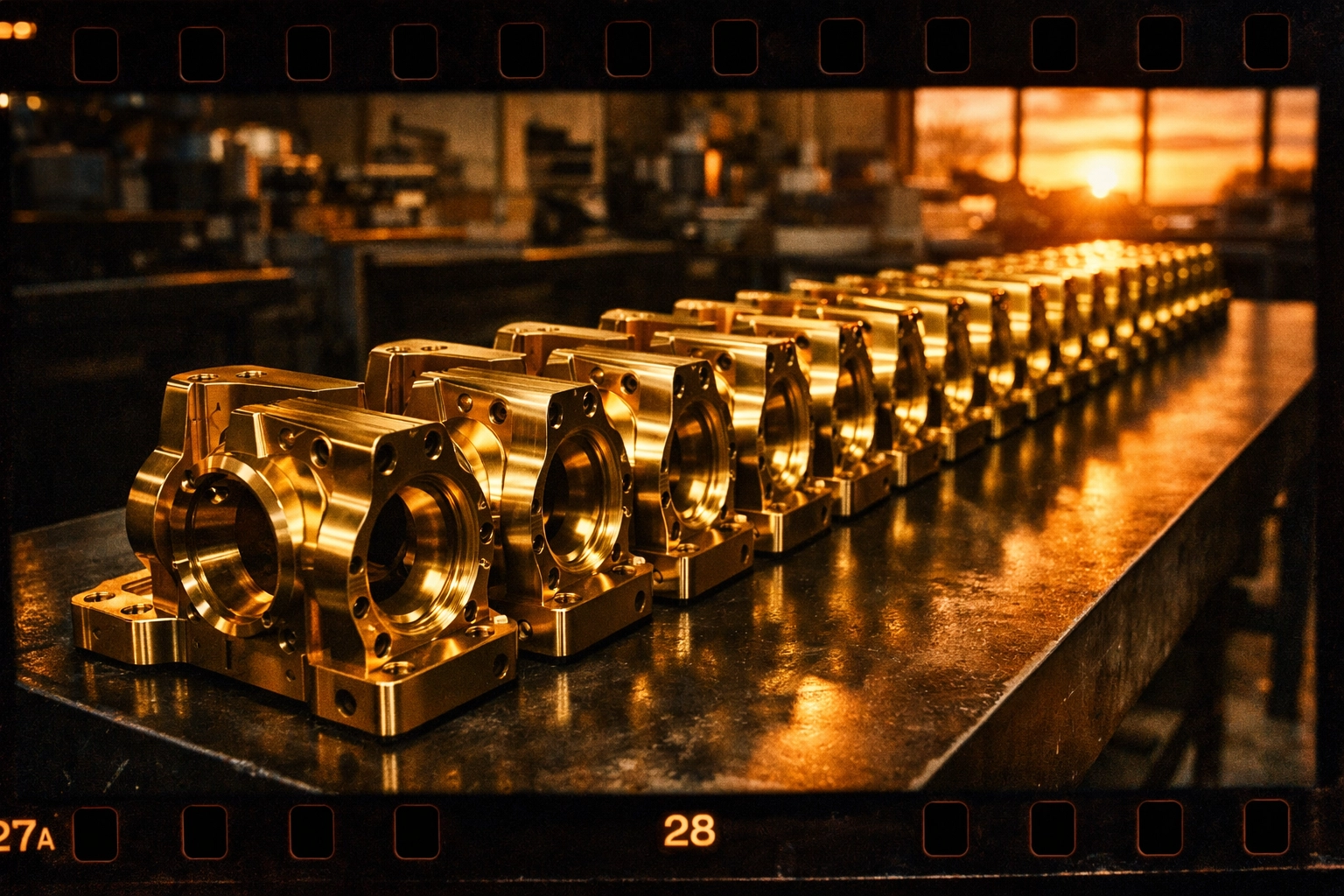 Row of gold-anodized precision machined parts on an inspection table in a modern industrial facility.