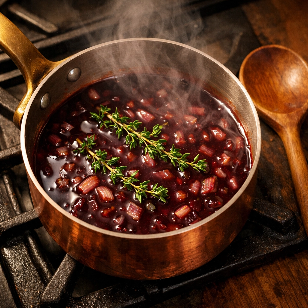 Red wine reduction simmering in copper pan with fresh thyme and shallots