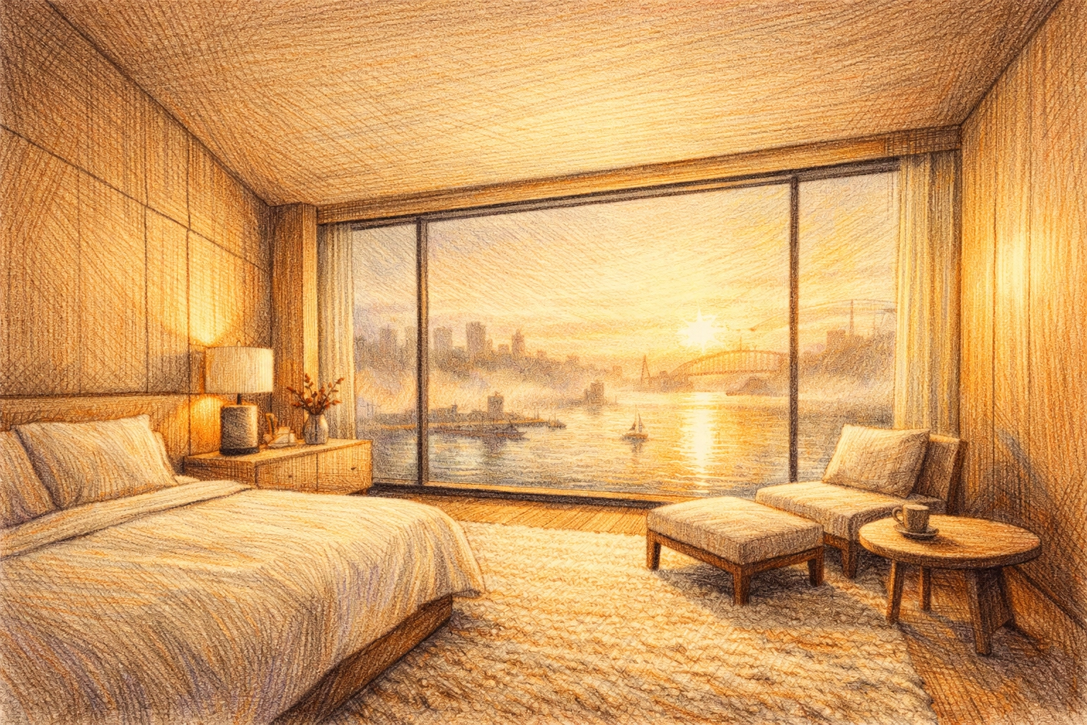 Minimalist luxury hotel suite with a harbor view, showcasing modern boutique hotel interior design.
